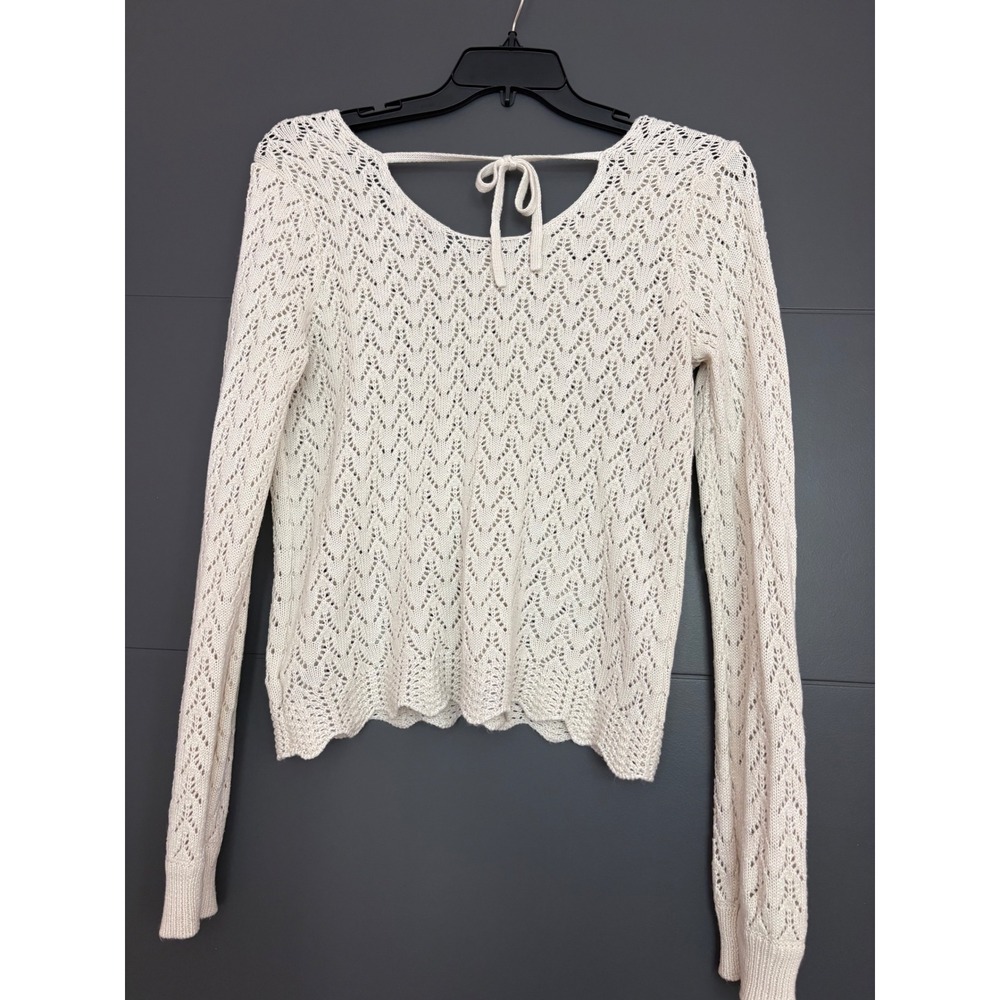 Candies Women Cream Crochet Knit Sweater Long Sleeve Tie Back Pointelle‎ Large